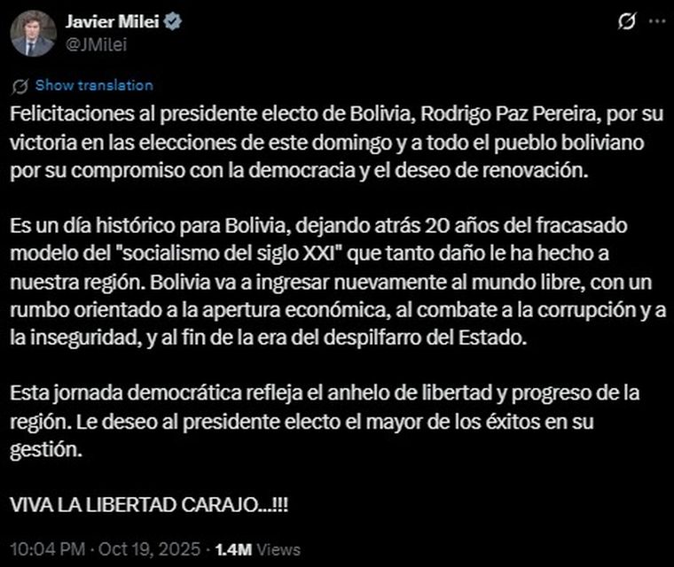 El mensaje de Javier Milei en X felicitando a Rodrigo Paz. Fuente: X El mensaje de Javier Milei en X felicitando a Rodrigo Paz. Fuente: X