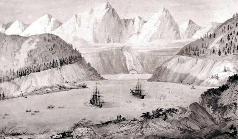 Pintura de Alaska (1786) con señales dejadas en las ladeas arrasadas por un megatsunami. Foto: Dpa.