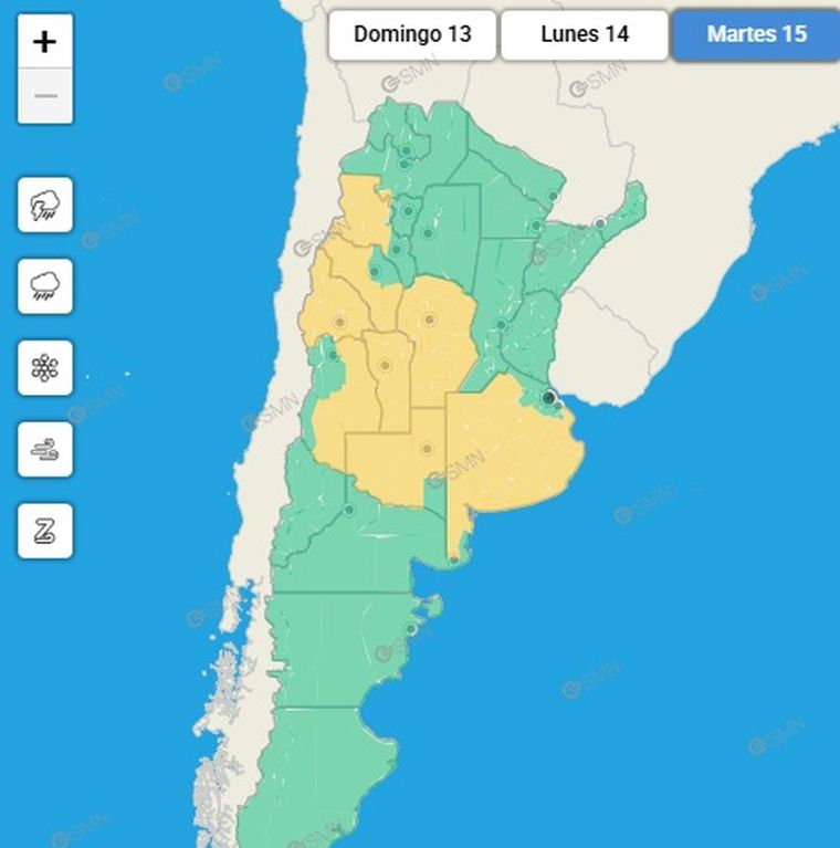 El SMN ya emitió la alerta amarilla para la zona centro del país. Para la zona noroeste, el sistema de alertas tempranas del servicio nacional, informó la misma con presencia de fuertes vientos.   