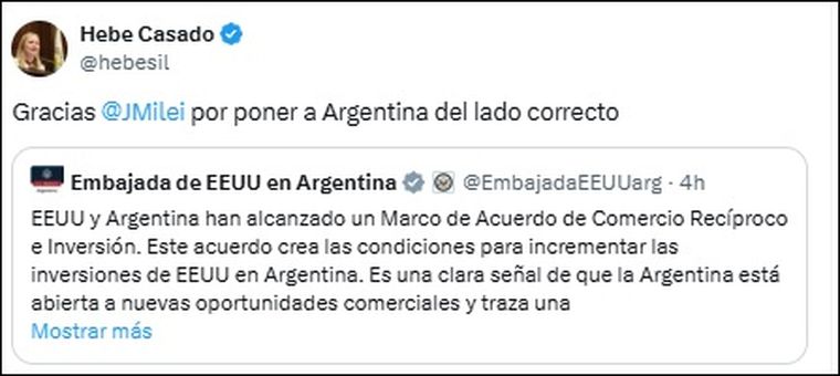 El mensaje de Hebe Casado en X. El mensaje de Hebe Casado en X.