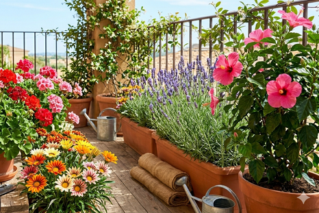 Las flores llenan de color el balcón. Fuente. IA Gemini. Las flores llenan de color el balcón. Fuente. IA Gemini.