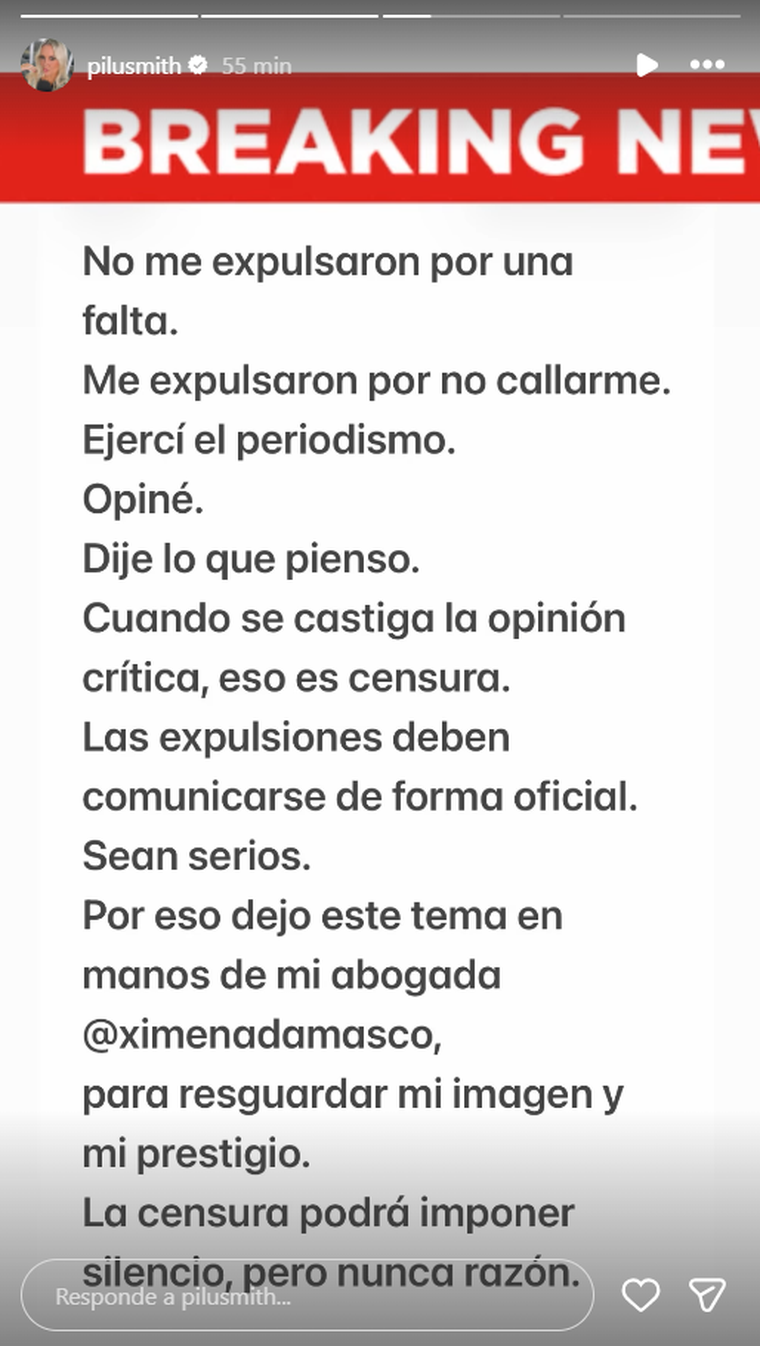 El comunicado de Pilar Smith. El comunicado de Pilar Smith.