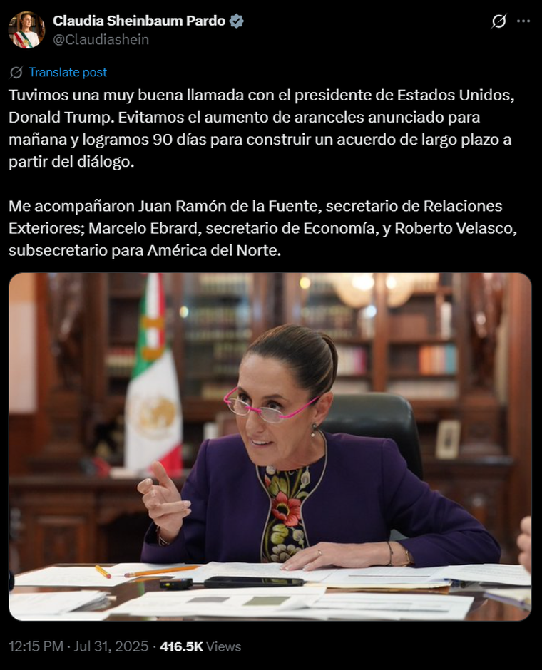 El posteo de Claudia Sheinbaum sobre el acuerdo con Trump para posponer por 90 días los aranceles que debían entrar en vigor el viernes. El posteo de Claudia Sheinbaum sobre el acuerdo con Trump para posponer por 90 días los aranceles que debían entrar en vigor el viernes.