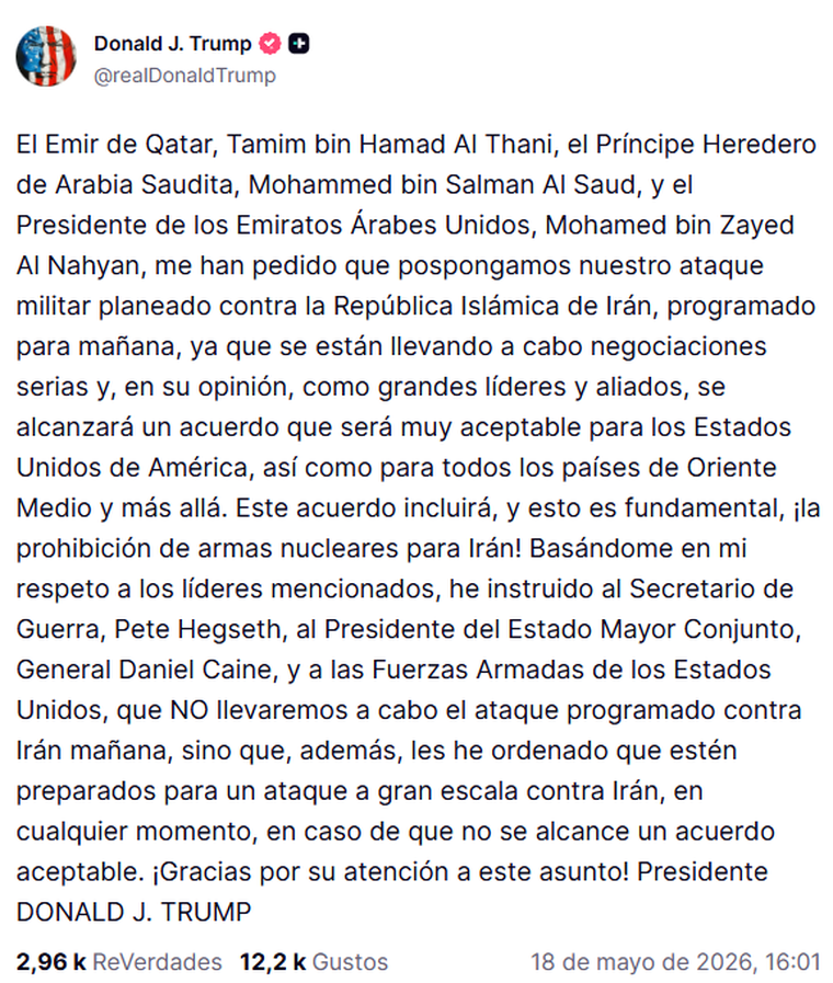 El comunicado de Donald Trump sobre la guerra en Medio Oriente y la cancelación de un presunto ataque estadounidense. El comunicado de Donald Trump sobre la guerra en Medio Oriente y la cancelación de un presunto ataque estadounidense.