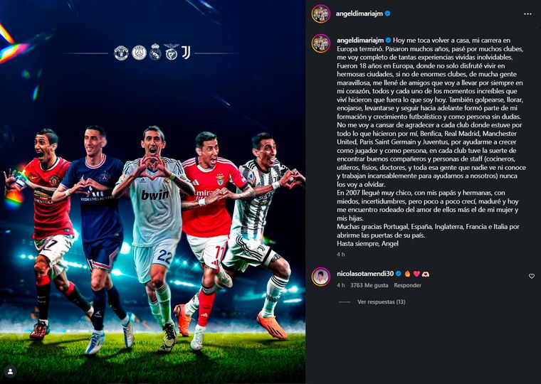 El posteo de Di María en su cuenta de Instagram. El posteo de Di María en su cuenta de Instagram.