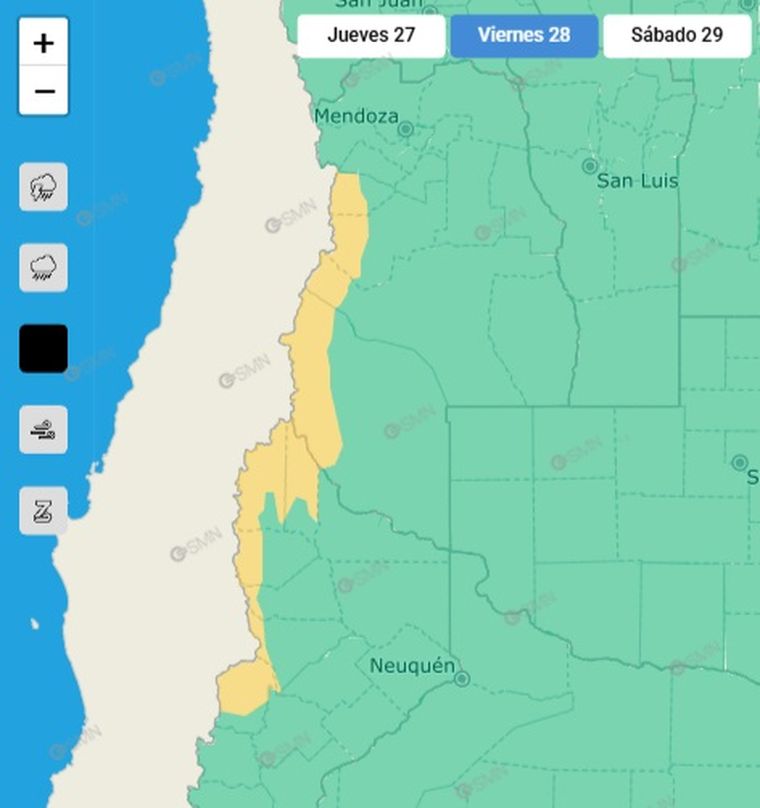El SMN emitió un alerta por nevadas para este viernes en Mendoza. El SMN emitió un alerta por nevadas para este viernes en Mendoza.
