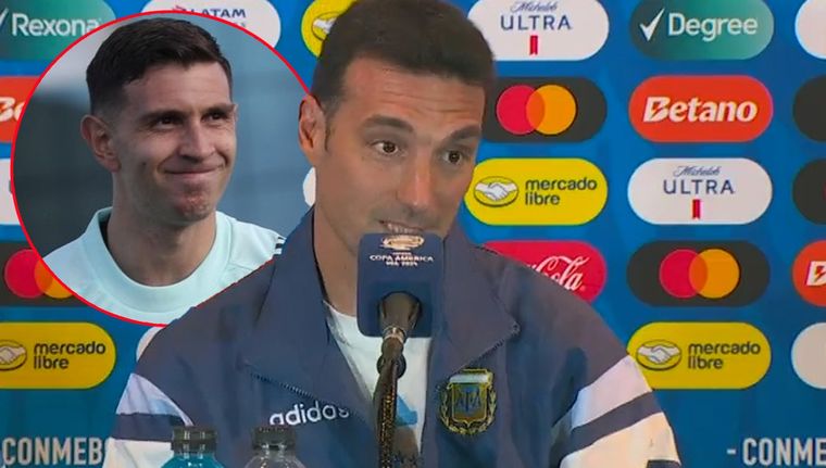 A Scaloni no le causó gracia que le preguntaran si Dibu Martínez podría hacer un gol por un supuesto pedido de la gente. Foto: captura DSports y archivo