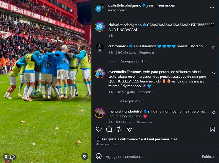 El sugerente comentario de Cristian Romero en el Instagram de Belgrano. El sugerente comentario de Cristian Romero en el Instagram de Belgrano.