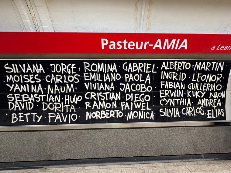 El mural junto a los nombres de los fallecidos en el atentado a la AMIA