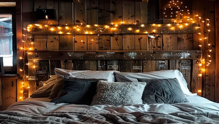 Respaldo de cama hecho con palets y adornado con luces leds. Foto: gardenbenches.com