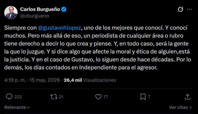 El tuit de Carlos Burgueño tras la "apretada" de Malcorra a Gustavo López. El tuit de Carlos Burgueño tras la "apretada" de Malcorra a Gustavo López.