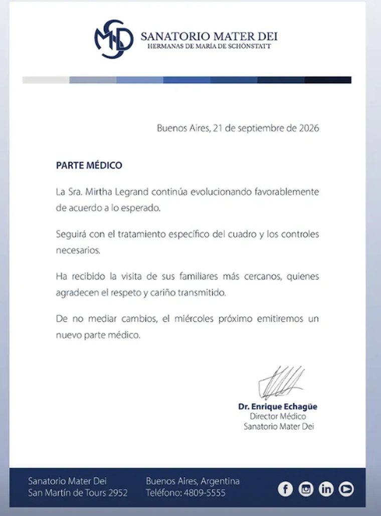 El nuevo parte médico de Mirtha Legrand. El nuevo parte médico de Mirtha Legrand. 
