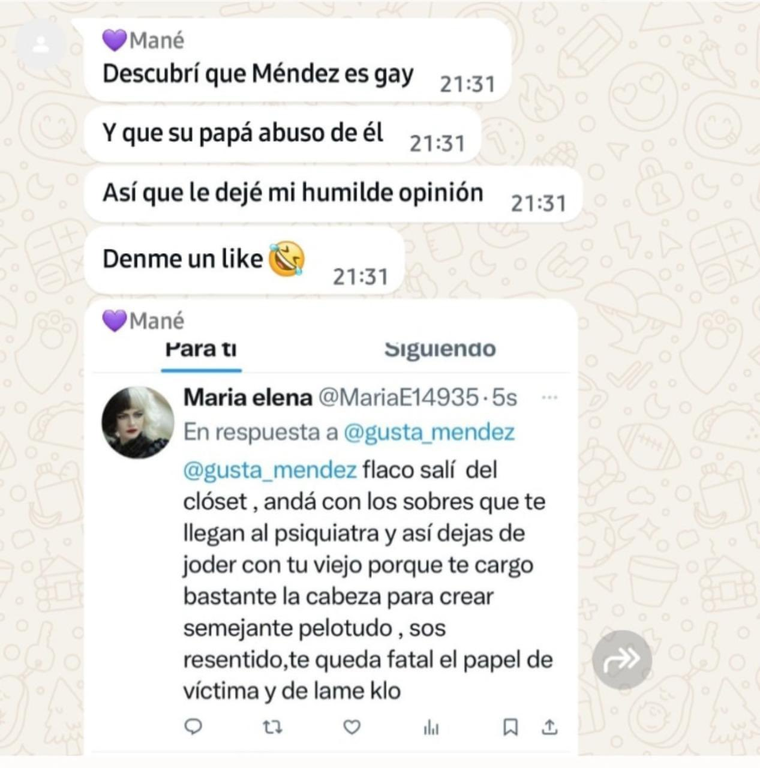 Las capturas de pantalla que denunció por redes Gustavo Méndez. Créditos: X / gusta_mendez Las capturas de pantalla que denunció por redes Gustavo Méndez. Créditos: X / gusta_mendez