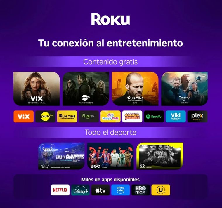 Con comandos de voz y streaming HD, Roku facilita seguir partidos y contenidos deportivos. Con comandos de voz y streaming HD, Roku facilita seguir partidos y contenidos deportivos.
