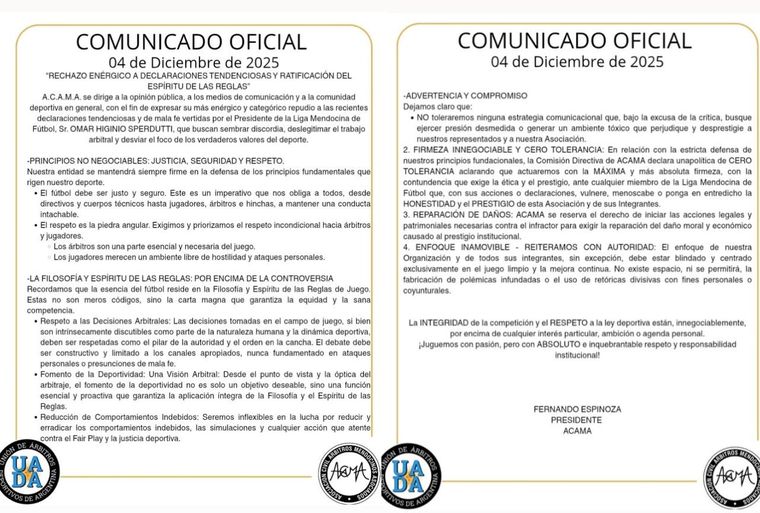El fuerte comunicado de ACAMA contra el presidente de la Liga Mendocina de Fútbol. El fuerte comunicado de ACAMA contra el presidente de la Liga Mendocina de Fútbol.