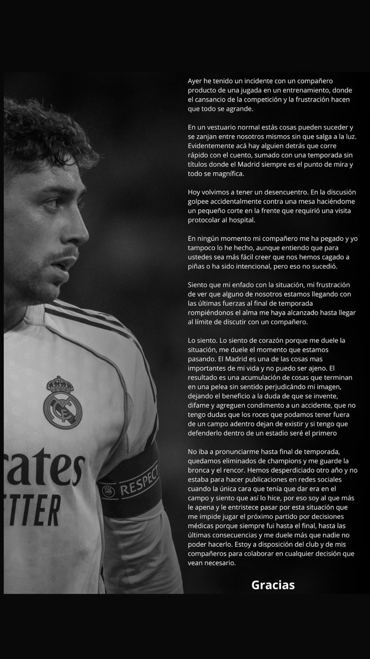 Federico Valverde publicó un comunicado en Instagram tras el incidente ocurrido en Valdebebas. Federico Valverde publicó un comunicado en Instagram tras el incidente ocurrido en Valdebebas.