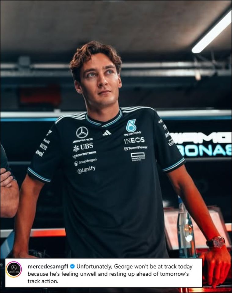 El posteo de Mercedes explicando la ausencia de George Russell. El posteo de Mercedes explicando la ausencia de George Russell.