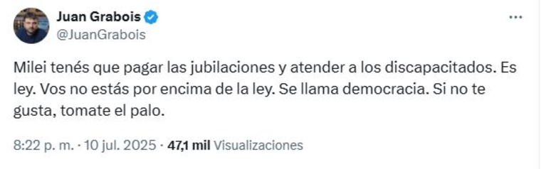Juan Grabois cruzó a Javier Milei. Juan Grabois cruzó a Javier Milei.