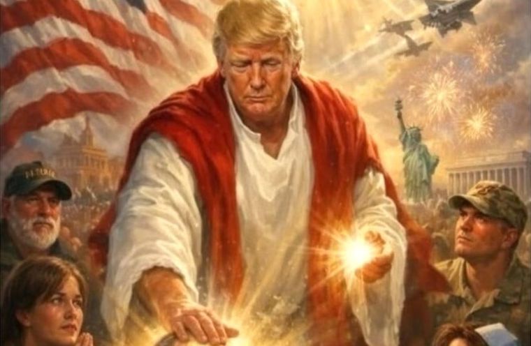 La imagen de Donald Trump criticada por la Iglesia católica, al frente de León XIV. Foto Truth Social