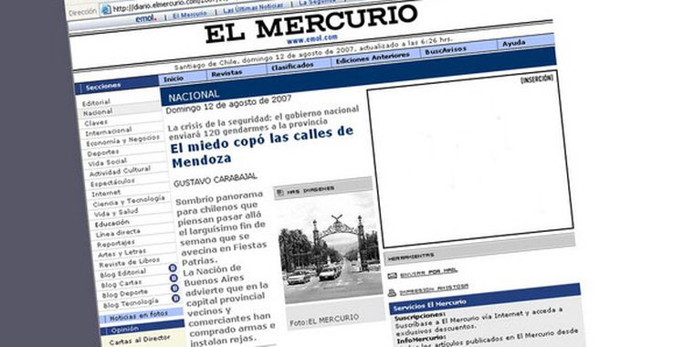 La nota sobre la inseguridad en Mendoza que publicó el diario chileno El Mercurio. Foto: web
