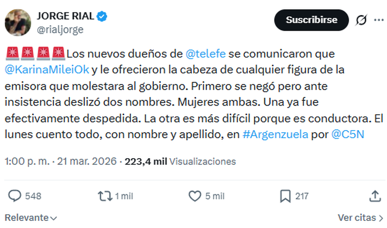 La bomba que compartió Jorge Rial en sus redes sociales. 