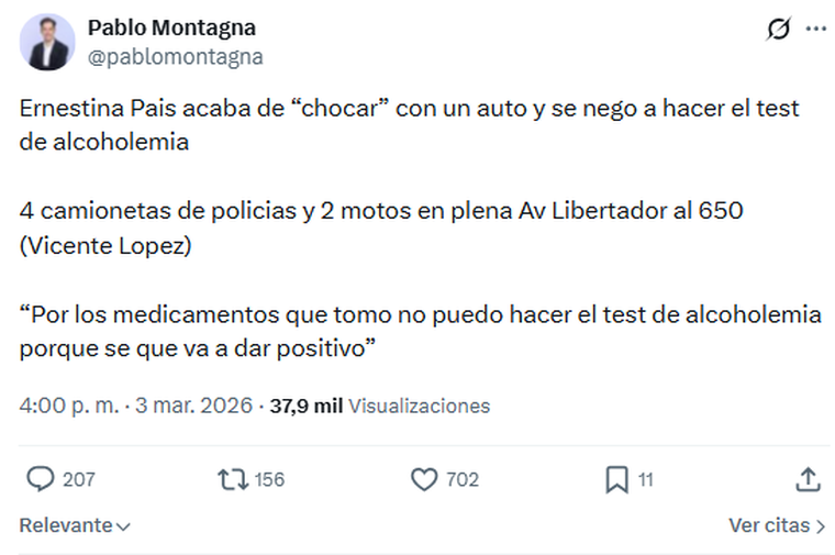 El posteo de Pablo Montagna sobre Ernestina Pais. El posteo de Pablo Montagna sobre Ernestina Pais. 