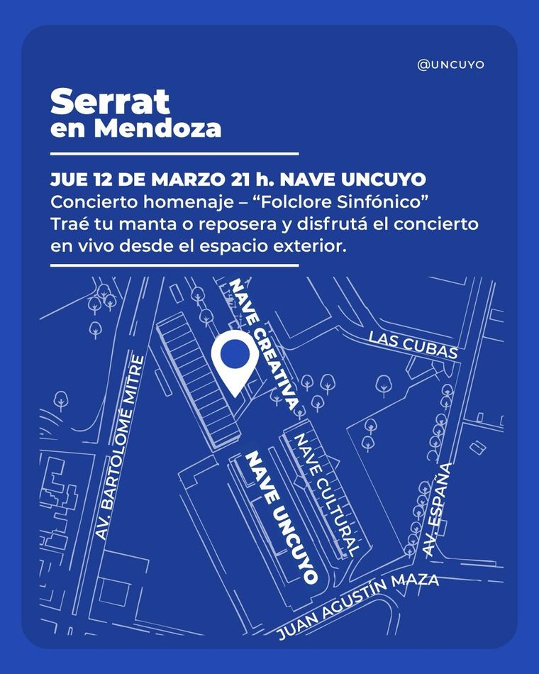 Joan Manuel Serrat en la Nave UNCuyo, el espect&aacute;culo podr&aacute; seguirse desde el Paseo Antonio Di Benedetto, ubicado en los jardines del espacio cultural.