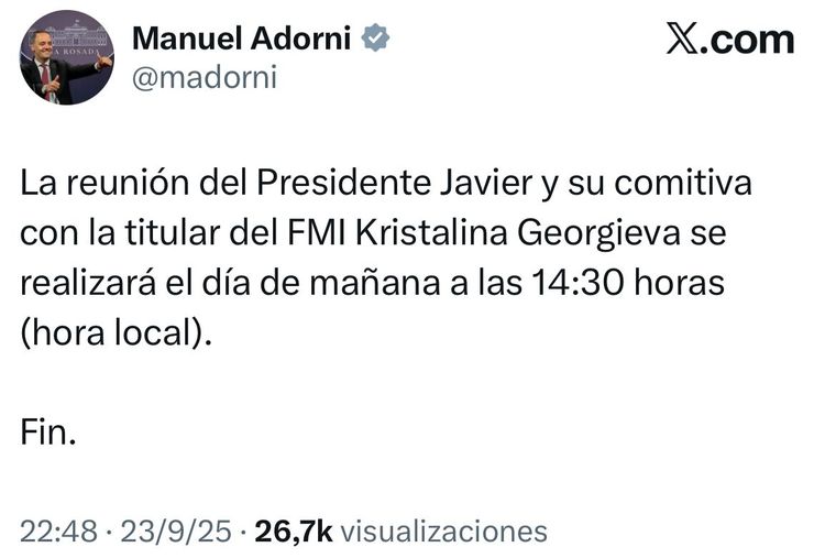 Manuel Adorni confirmó el día y horario de la reunión con el FMI. Manuel Adorni confirmó el día y horario de la reunión con el FMI.