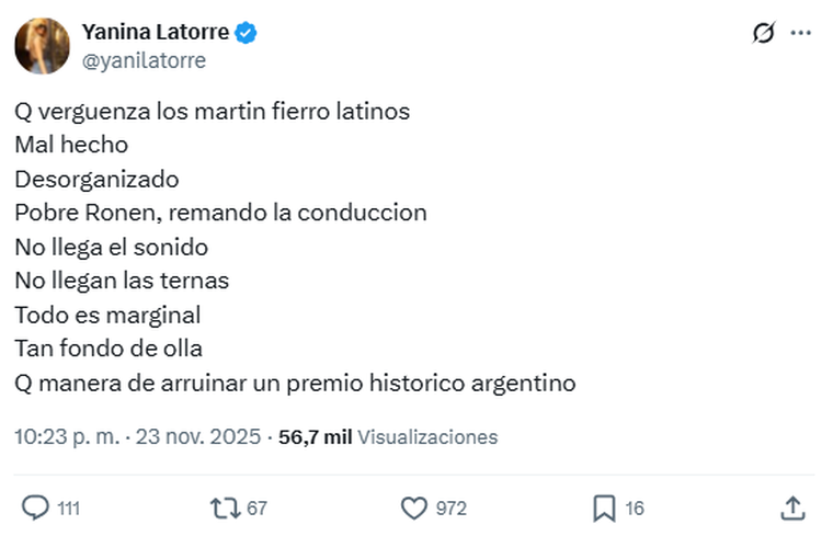 El fuerte posteo de Yanina Latorre contra los Martín Fierro. El fuerte posteo de Yanina Latorre contra los Martín Fierro.