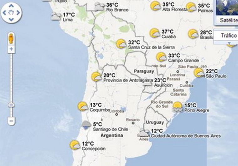 Así se ve el mapa del clima de Google en la web.