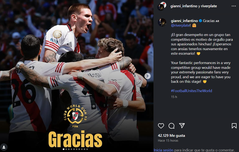 El mensaje de Gianni Infantino para River. El mensaje de Gianni Infantino para River.