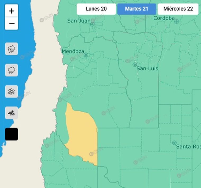 El SMN emitió un alerta por Zonda en el sur de Mendoza este martes. El SMN emitió un alerta por Zonda en el sur de Mendoza este martes.