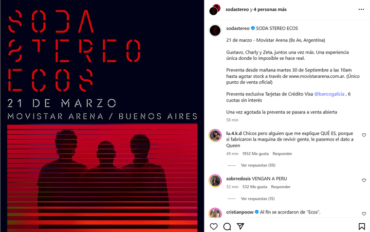 La noticia que alegró a sus fanáticos. Foto: captura de pantalla Instagram/ @sodastereo. 