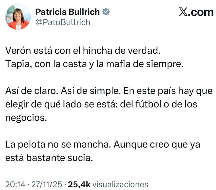 Patricia Bullrich cargó contra el Chiqui Tapia Patricia Bullrich cargó contra el Chiqui Tapia