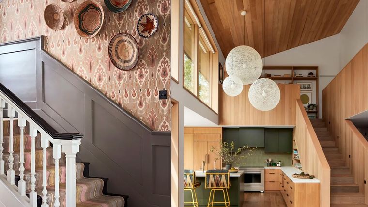 Escalera con el foco puesto en los detalles pequeños (izq) vs escaleras cerradas (der). Foto: Jon Day Photography y  Raili Ca.