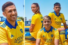 La nueva tercera camiseta de Boca, modelo 2022, está inspirada en la amarilla de adidas que el Xeneize usó en los años 80, con cuello azul. (Fotos: adidas) Foto: adidas