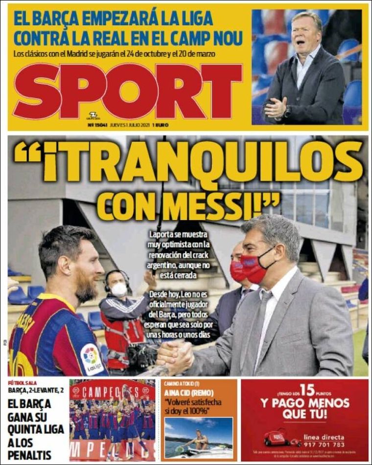 La tapa del diario catalán Sport asegura que en Barcelona hay tranquilidad