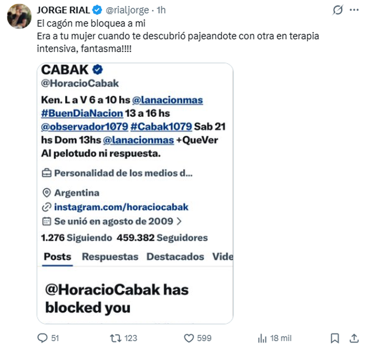 Jorge Rial apuntó contra Horacio Cabak. Jorge Rial apuntó contra Horacio Cabak. 
