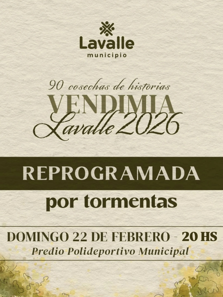 La Municipalidad de Lavalle tuvo que modificar la agenda y cambió el día de realización de su Fiesta de la Vendimia. La Municipalidad de Lavalle tuvo que modificar la agenda y cambió el día de realización de su Fiesta de la Vendimia.