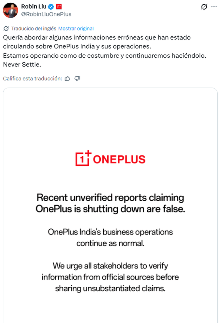 El comunicado de Robin Liu sobre los rumores de OnePlus. El comunicado de Robin Liu sobre los rumores de OnePlus.