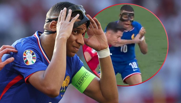 Mbappé, molesto por un toque de Lewandowski en la nariz, se sacó la máscara y reclamó la acción del polaco, que pareció solo un roce de juego. Foto: EFE y captura ESPN