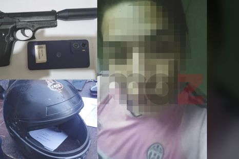 A la izquierda: un arma de aire comprimido, un celular y un casco incautados. En la derecha, Alexander Celán Ríos, uno de los detenidos. (Se pixela el rostro porque puede pasar a rueda de personas) A la izquierda: un arma de aire comprimido, un celular y un casco incautados. En la derecha, Alexander Celán Ríos, uno de los detenidos. (Se pixela el rostro porque puede pasar a rueda de personas)