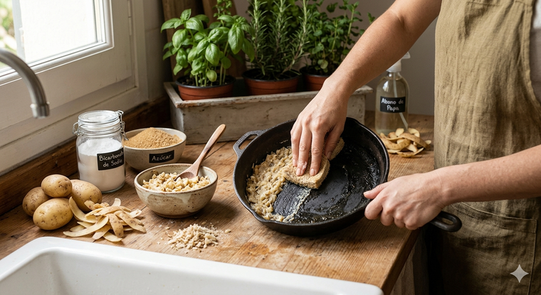 El limpiador con cáscara de papa, bicarbonato de sodio y azúcar. El limpiador con cáscara de papa, bicarbonato de sodio y azúcar.