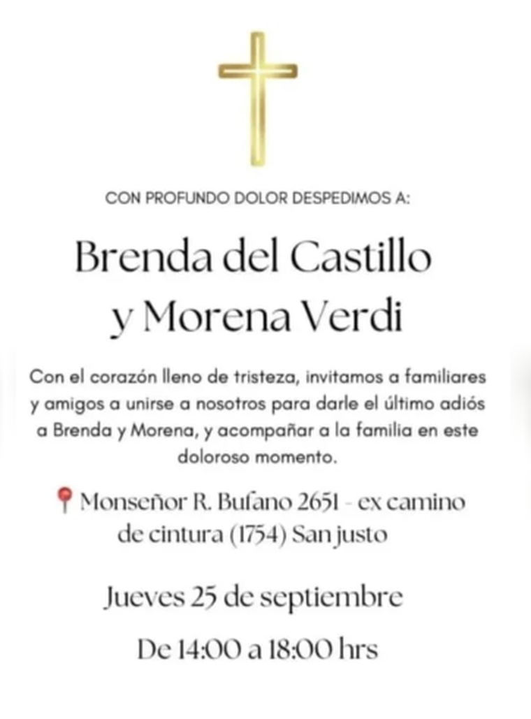 Este jueves se llevará a cabo el velorio de Brenda Del Castillo y Morena Verdi. Este jueves se llevará a cabo el velorio de Brenda Del Castillo y Morena Verdi.