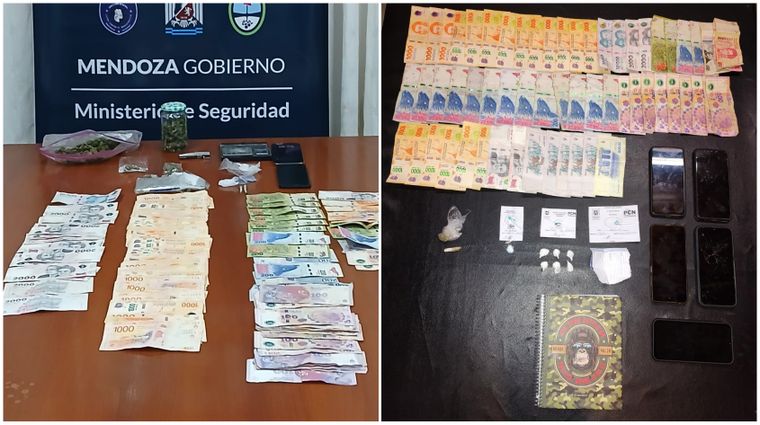 El dinero y las sustancias incautadas en los kioscos de drogas.