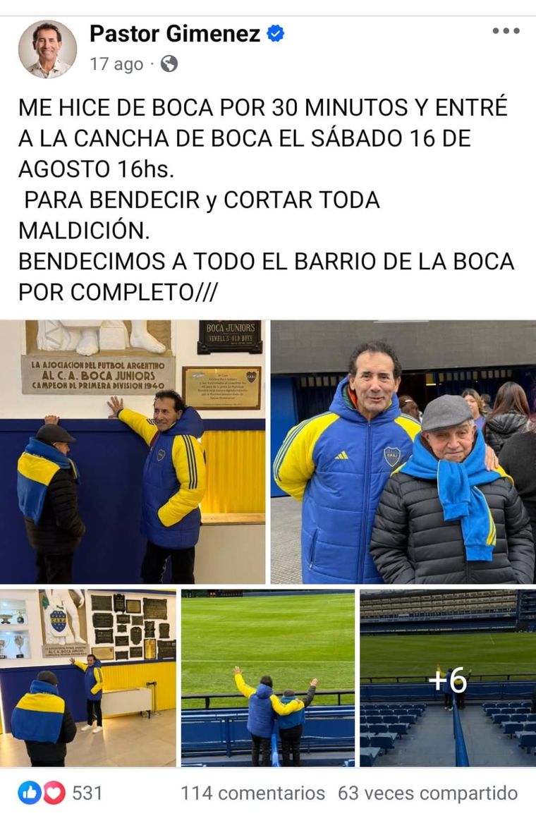 La publicación del Pastor Giménez del 17 de agosto, justo después del 3-0 de Boca a Independiente Rivadavia: él asegura que un día antes había visitado la Bombonera. El Xeneize cortó una racha histórica de 12 partidos sin triunfos. La publicación del Pastor Giménez del 17 de agosto, justo después del 3-0 de Boca a Independiente Rivadavia: él asegura que un día antes había visitado la Bombonera. El Xeneize cortó una racha histórica de 12 partidos sin triunfos.