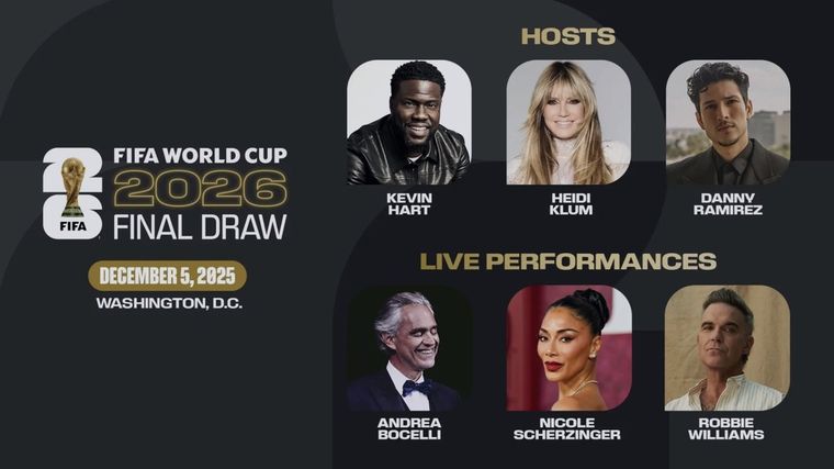 Andrea Bocelli y Robbie Williams, artistas destacados en el sorteo del Mundial 2026. Andrea Bocelli y Robbie Williams, artistas destacados en el sorteo del Mundial 2026.