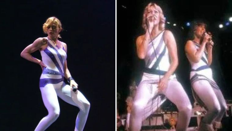 La reina del pop homenajeó al legendario grupo ABBA no solo usando la base de su recordado hit Gimme! Gimme! Gimme! para dar vida a Hung Up, sino que lució una versión del vestuario que la banda sueca usó en su última gira. La reina del pop homenajeó al legendario grupo ABBA no solo usando la base de su recordado hit Gimme! Gimme! Gimme! para dar vida a Hung Up, sino que lució una versión del vestuario que la banda sueca usó en su última gira.