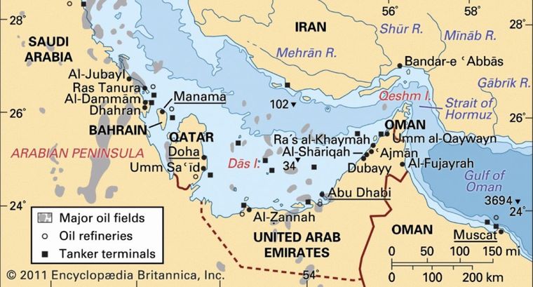 El Golfo Pérsico, muy estratégico, sitio del ataque de Irán al buque de Estados Unidos. Foto Enciclopedia Británica&nbsp;