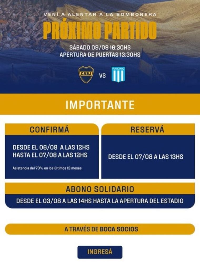 Boca confirmó los accesos para el clásico con Racing y siguen las restricciones para los socios. Boca confirmó los accesos para el clásico con Racing y siguen las restricciones para los socios.